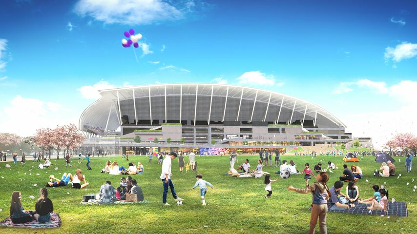 <div class="caption">新スタジアムを中心に、平和と文化・スポーツを発信するにぎわいの場になることを目指す。©︎広島市 ※イメージパースは、今後、変更の可能性があります。</div>