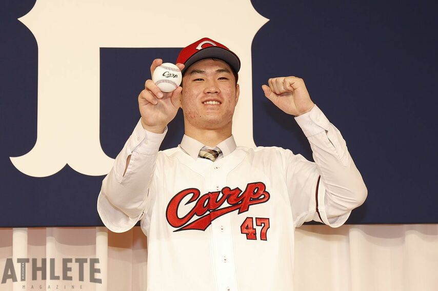 《カープ・新入団選手発表会見》目標は藤川球児！先発として二桁勝利を目指す右腕。ドラフト1位・斉藤優汰